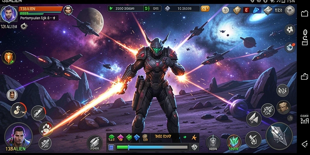 Tangkapan layar utama 138ALIEN menunjukkan pertempuran seru di arena alien.