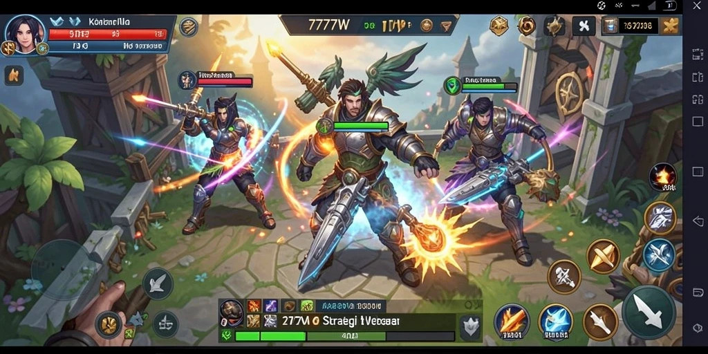Screenshot gameplay menampilkan pertempuran strategis di <strong>7777W</strong>.