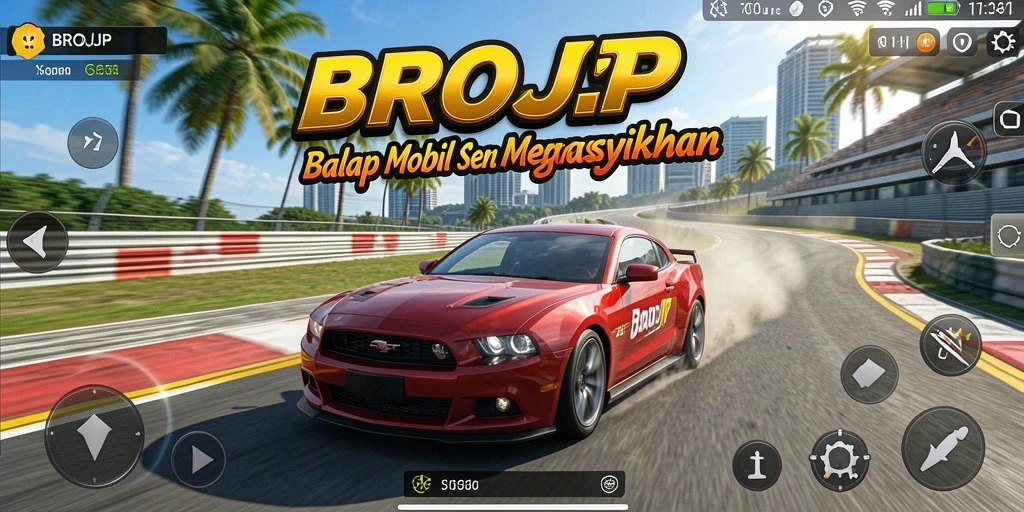 Screenshot gameplay BROJP menampilkan balapan seru dan mobil yang bertenaga.