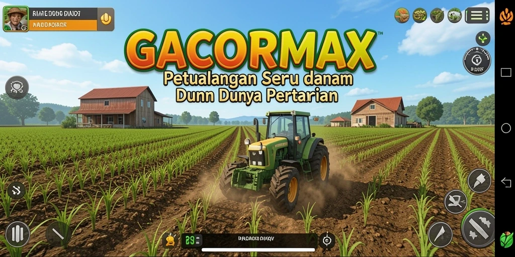 Screenshot gameplay GACORMAX yang menampilkan ladang yang subur dan tanaman yang berkembang.