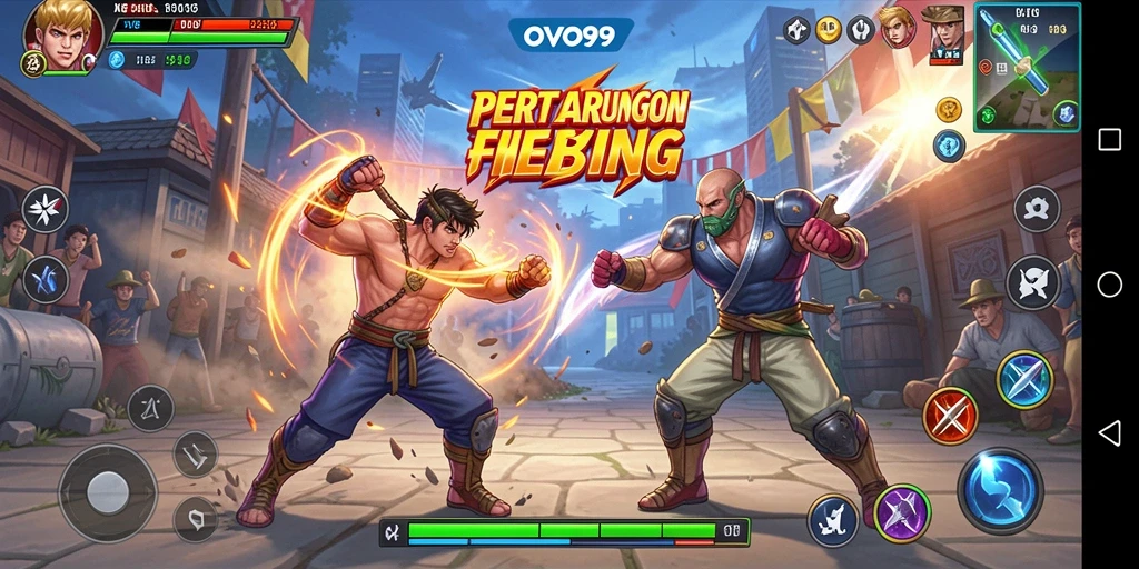 Screenshot OVO99 menampilkan aksi pertarungan yang intens dan karakter unik.