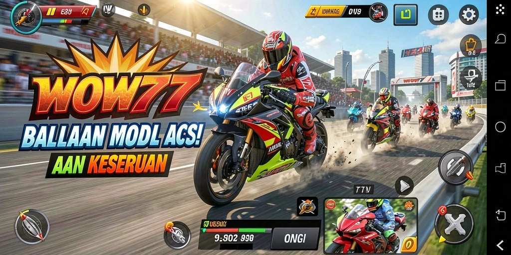 Screenshot WOW77 menunjukkan balapan motor yang dramatis dan penuh aksi.
